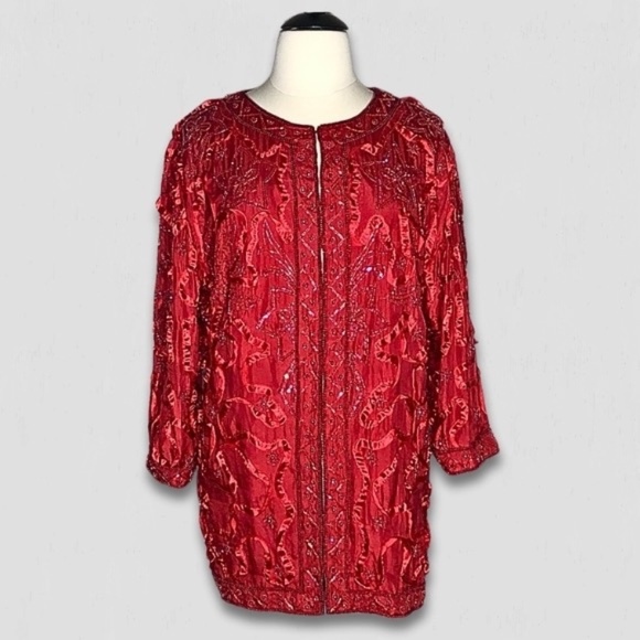 Roaman's Vintage Red Silk Beaded Sequin Rhinestone Blazer Coat 2X - Picture 1 of 16